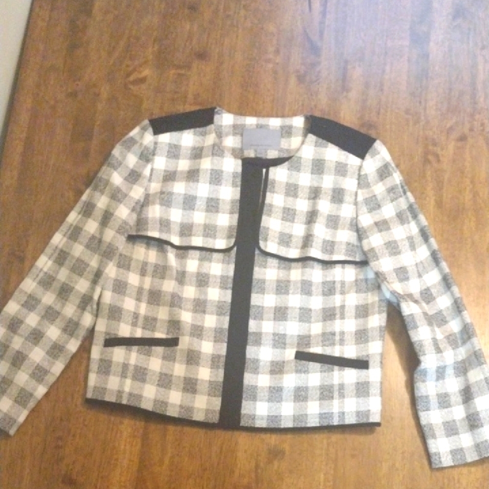 Black and White Plaid Linen Blend Classiques Dress Jacket/Blazer M